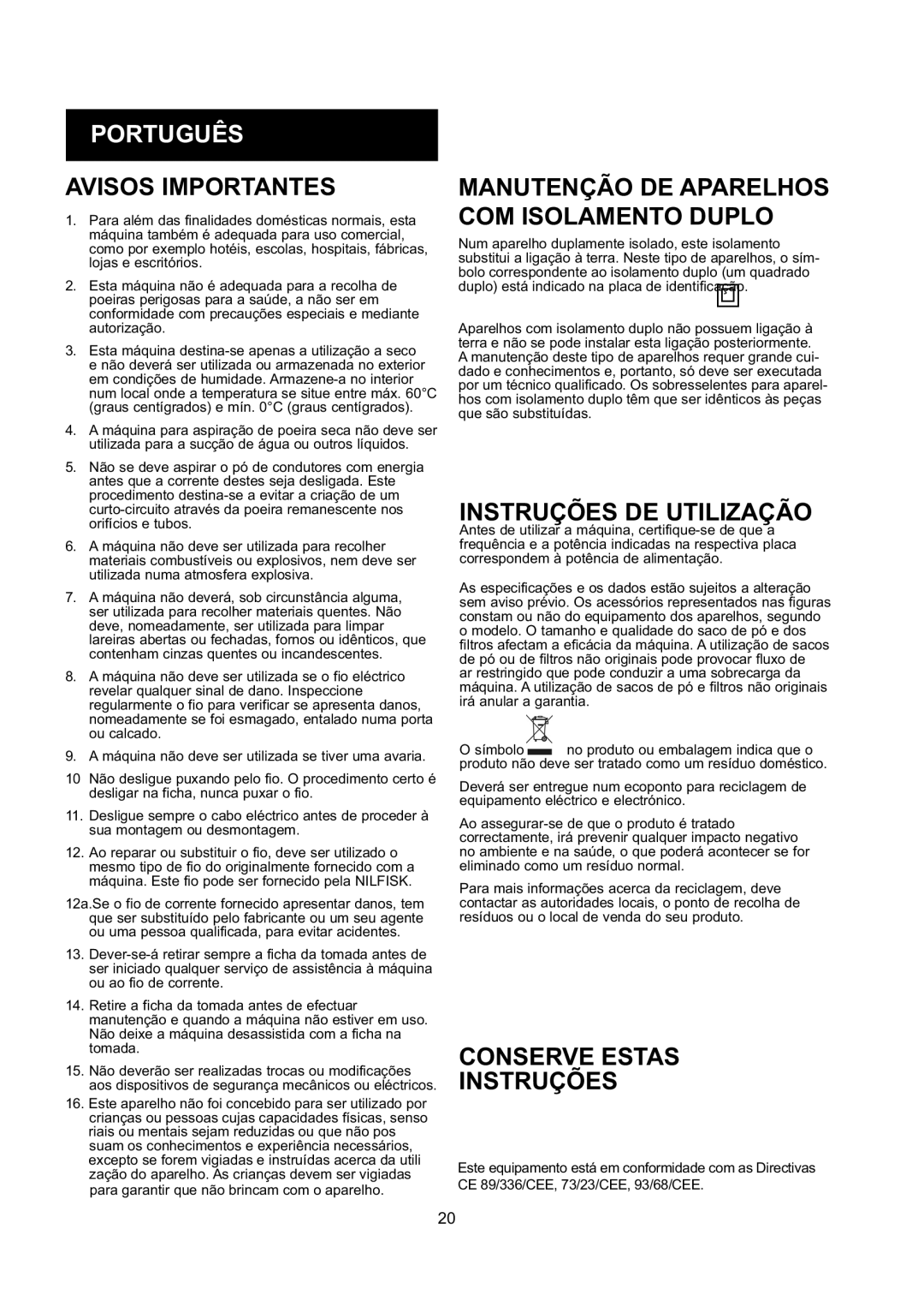 Nilfisk-ALTO GD 10 Back, GD 5 Back manual Português, Avisos Importantes, Manutenção DE Aparelhos COM Isolamento Duplo 