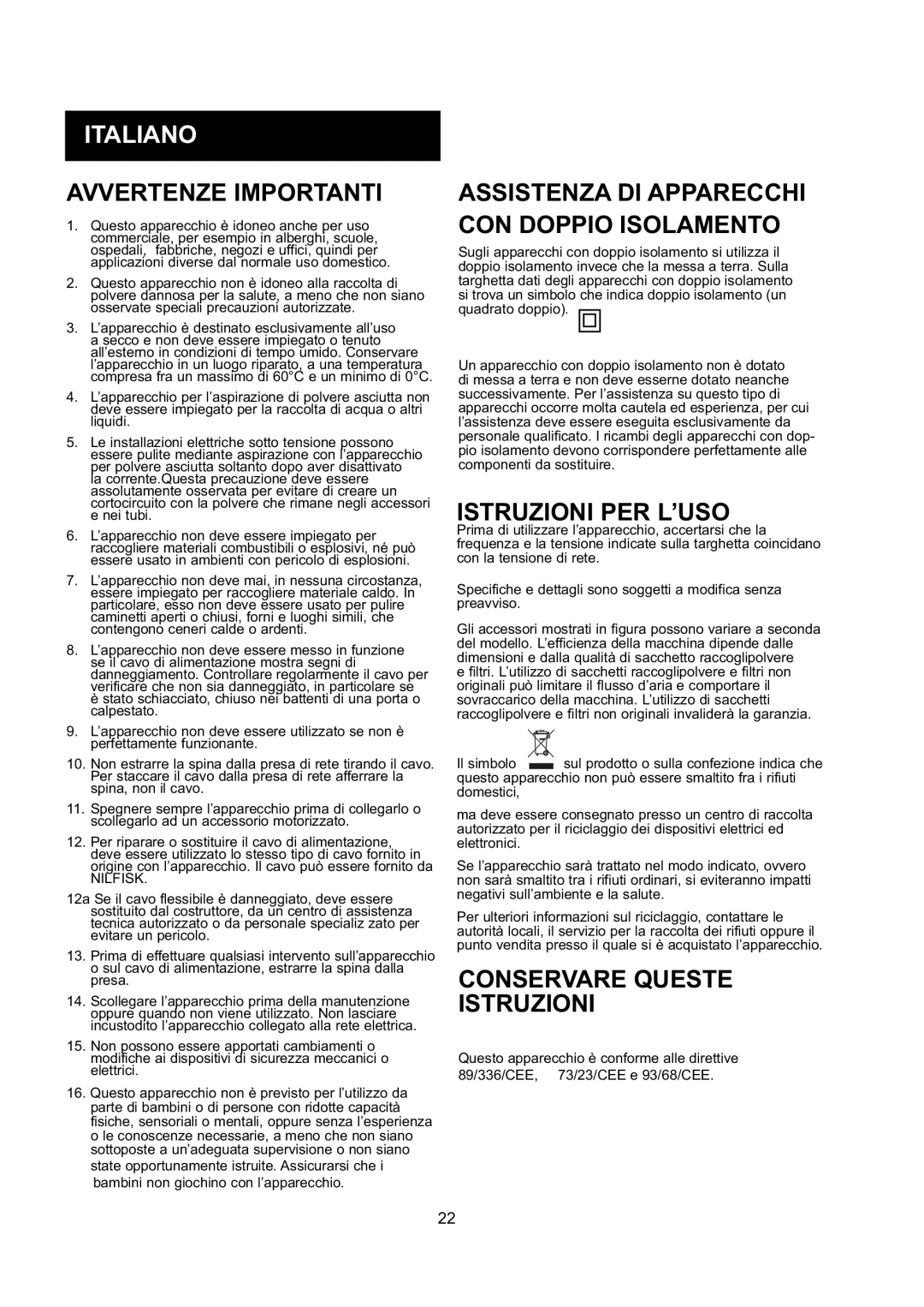 Nilfisk-ALTO GD 10 Back, GD 5 Back manual Italiano, Avvertenze Importanti, Assistenza DI Apparecchi CON Doppio Isolamento 