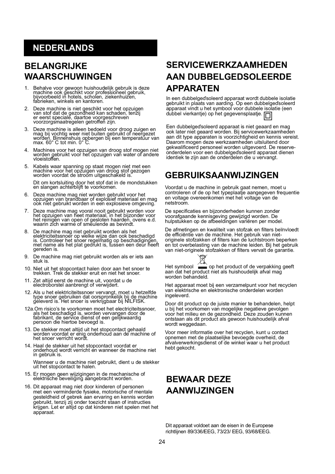 Nilfisk-ALTO GD 10 Back manual Nederlands, Belangrijke Waarschuwingen, Servicewerkzaamheden AAN Dubbelgedsoleerde Apparaten 