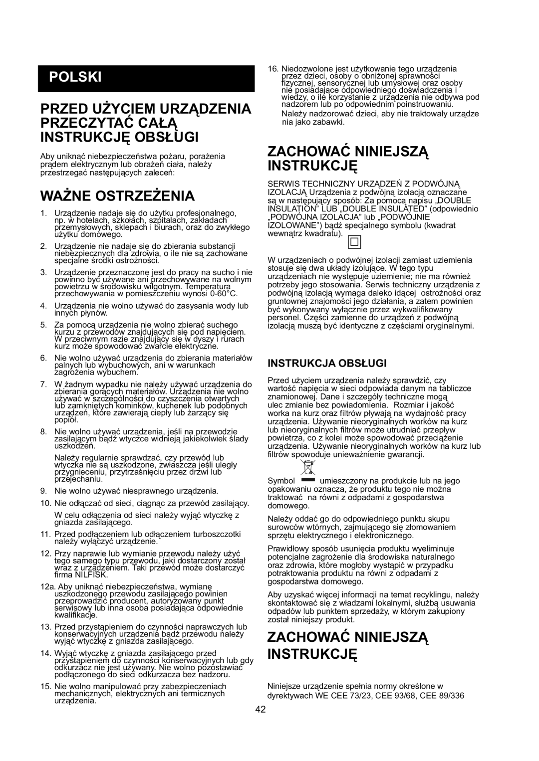 Nilfisk-ALTO GD 10 Back Polski, Przed Użyciem Urządzenia Przeczytać Całą Instrukcję Obsługi, Ważne Ostrzeżenia, Symbol 