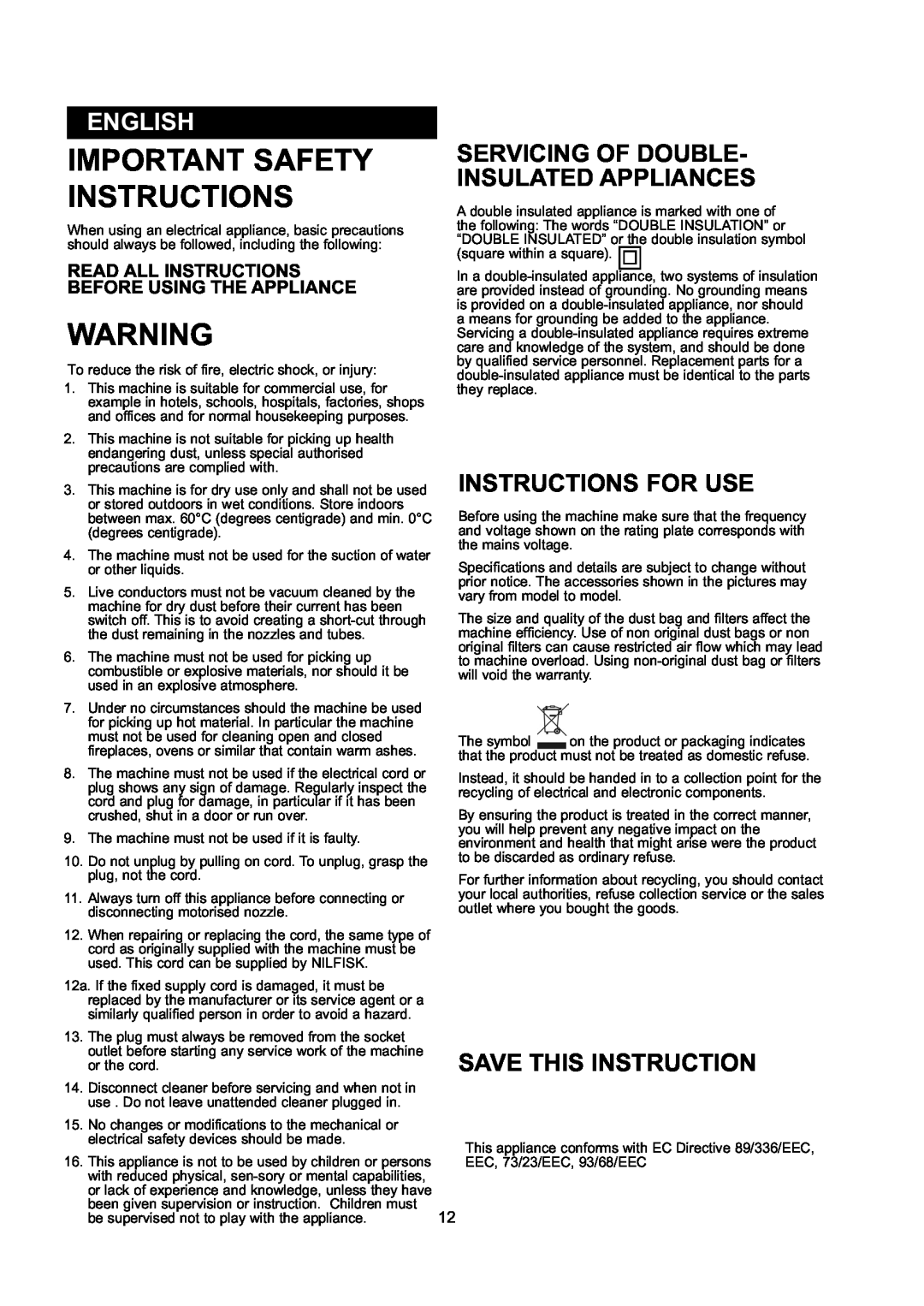 Nilfisk-ALTO GD 10 Back English, Servicing Of Double- Insulated Appliances, Instructions For Use, Save This Instruction 