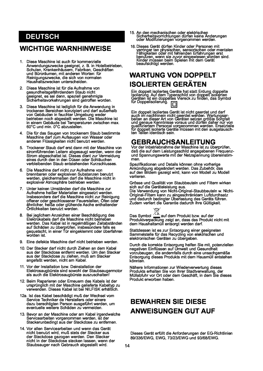 Nilfisk-ALTO GD 10 Back manual Deutsch, Wichtige Warnhinweise, Wartung Von Doppelt Isolierten Geräten, Gebrauchsanleitung 