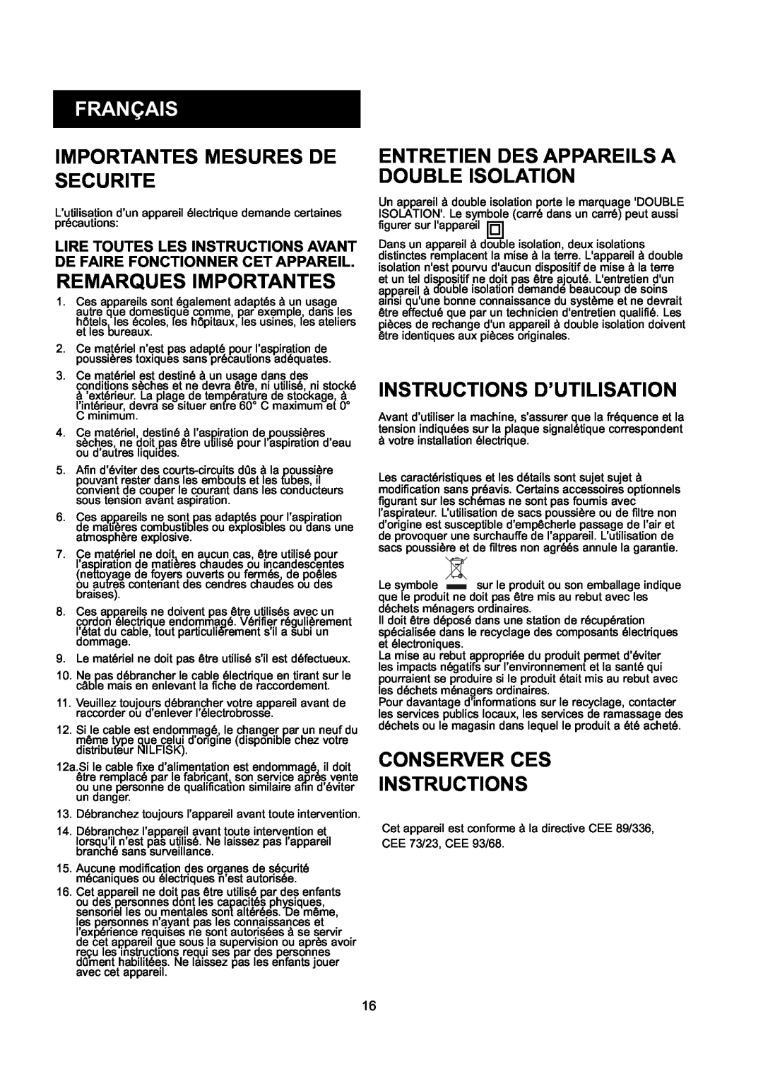 Nilfisk-ALTO GD 10 Back manual Français, Importantes Mesures De Securite, Remarques Importantes, Instructions D’Utilisation 