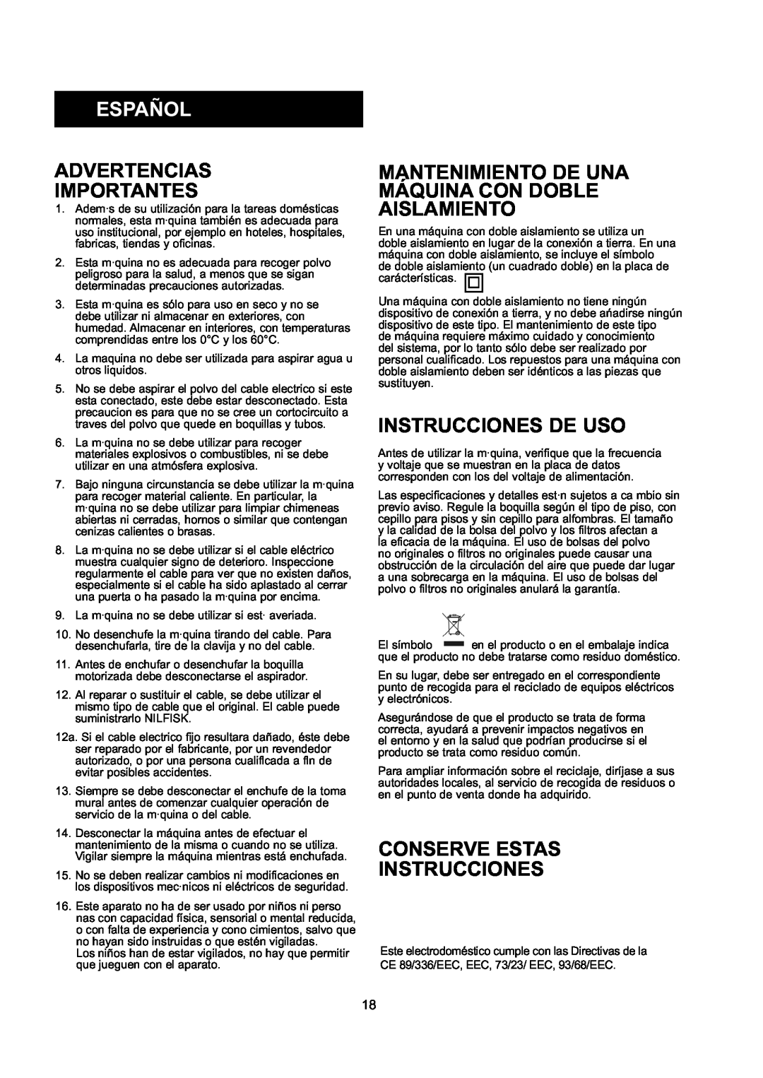 Nilfisk-ALTO GD 10 Back, GD 5 Back Español, Advertencias Importantes, Instrucciones De Uso, Conserve Estas Instrucciones 