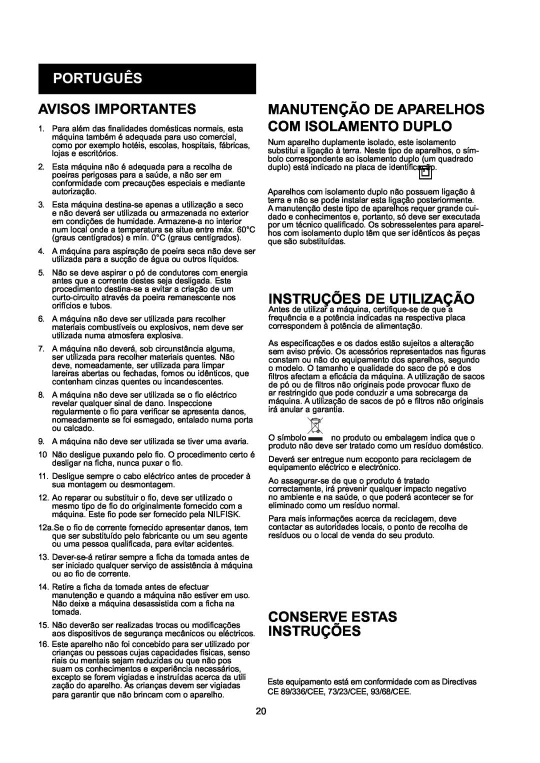 Nilfisk-ALTO GD 10 Back, GD 5 Back manual Português, Avisos Importantes, Manutenção De Aparelhos Com Isolamento Duplo 