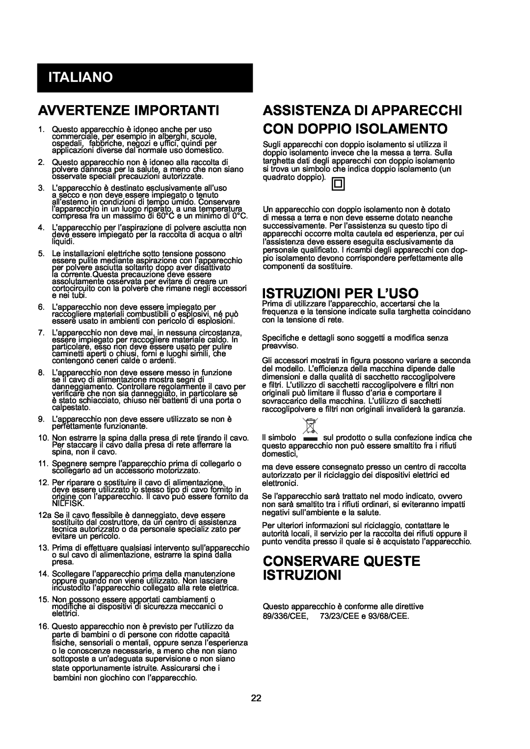 Nilfisk-ALTO GD 10 Back, GD 5 Back manual Italiano, Avvertenze Importanti, Assistenza Di Apparecchi Con Doppio Isolamento 