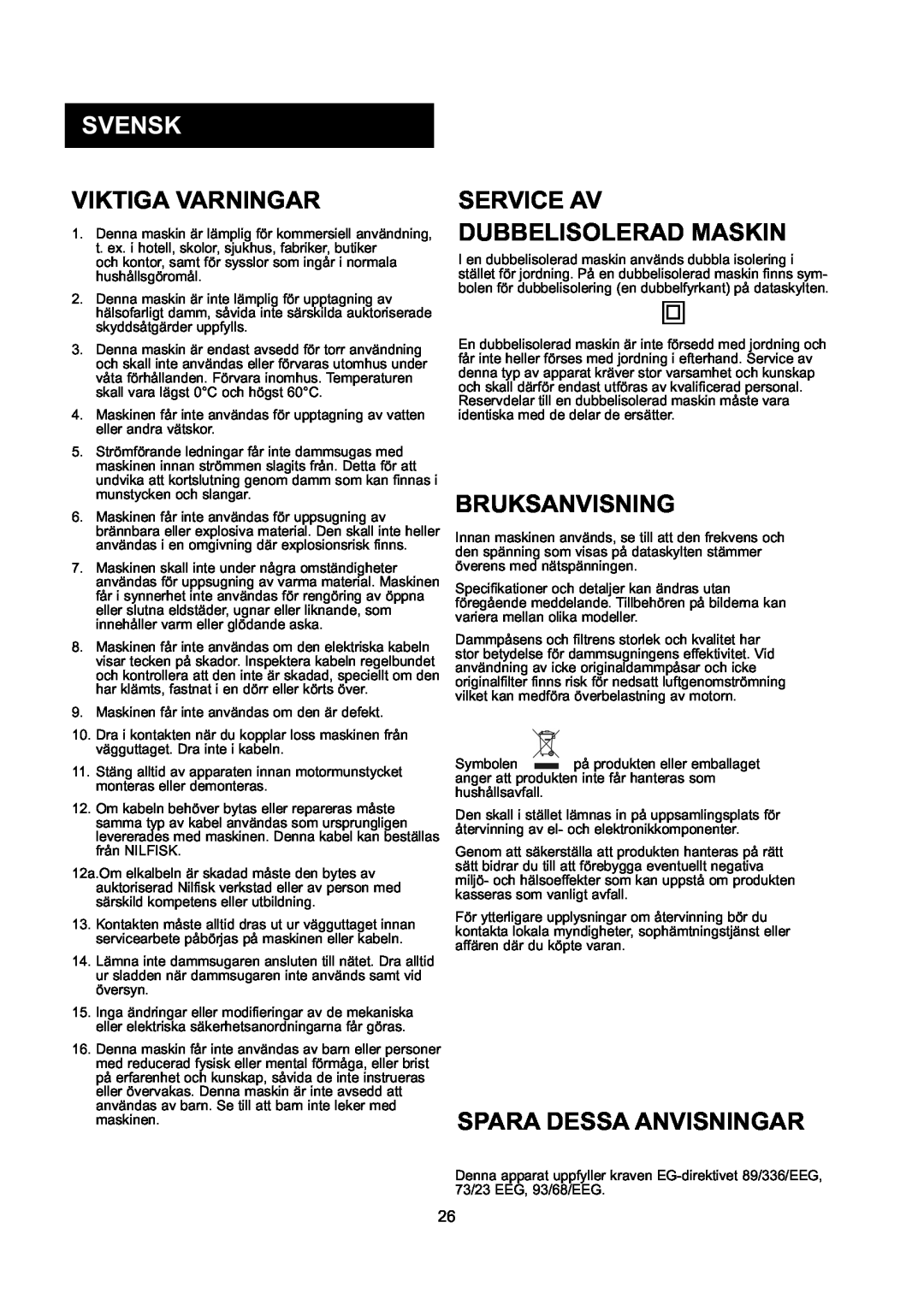 Nilfisk-ALTO GD 10 Back, GD 5 Back manual Svensk, Viktiga Varningar, Service Av Dubbelisolerad Maskin, Bruksanvisning 