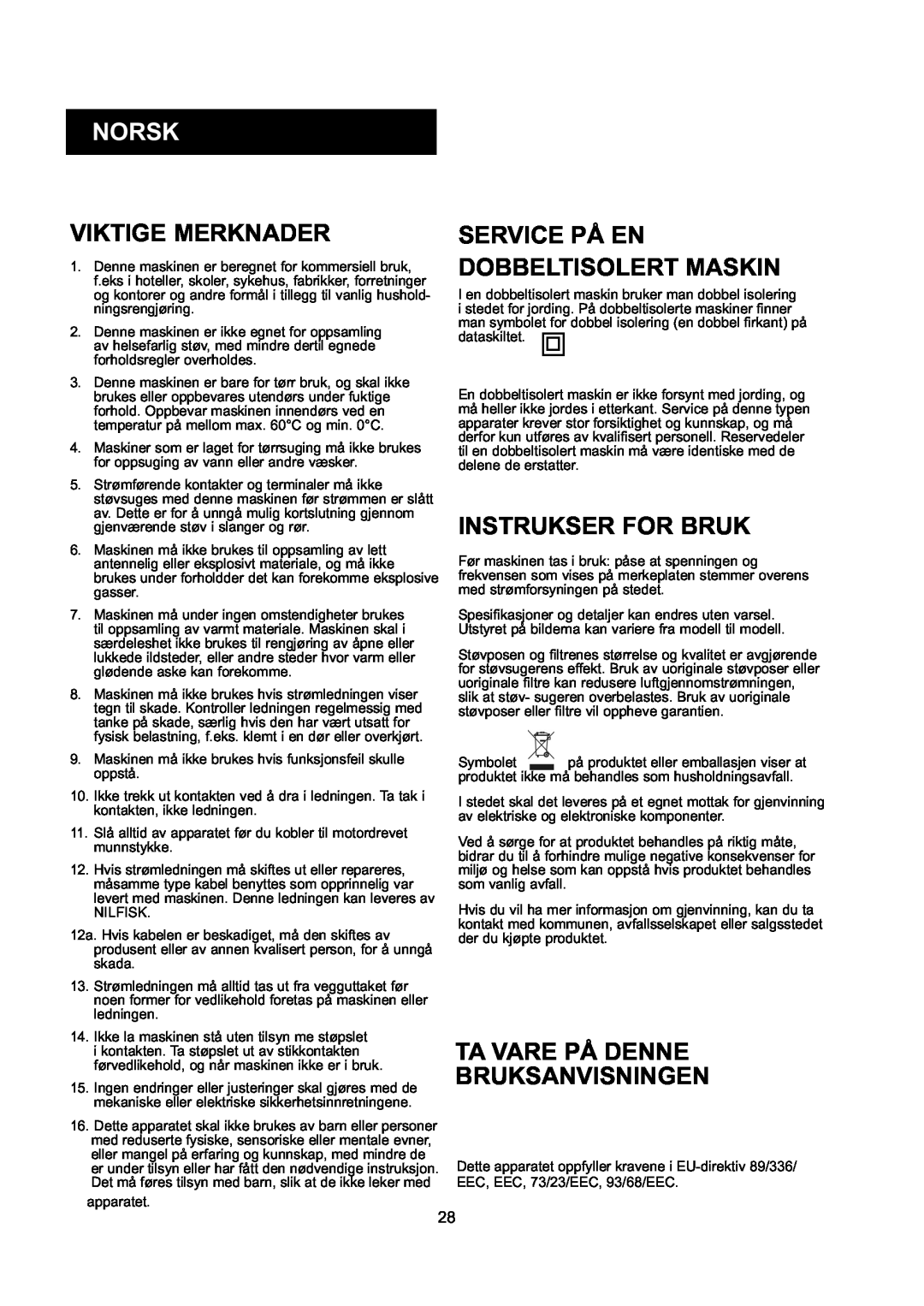 Nilfisk-ALTO GD 10 Back, GD 5 Back manual Norsk, Viktige Merknader, Instrukser For Bruk, Ta Vare På Denne Bruksanvisningen 