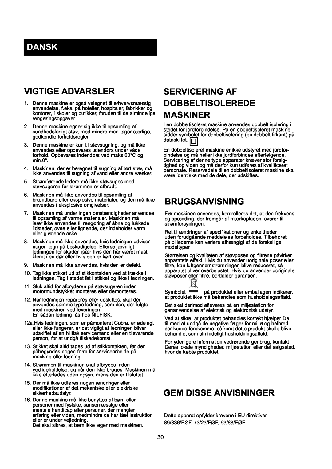 Nilfisk-ALTO GD 10 Back, GD 5 Back manual Dansk, Vigtige Advarsler, Servicering Af Dobbeltisolerede Maskiner, Brugsanvisning 