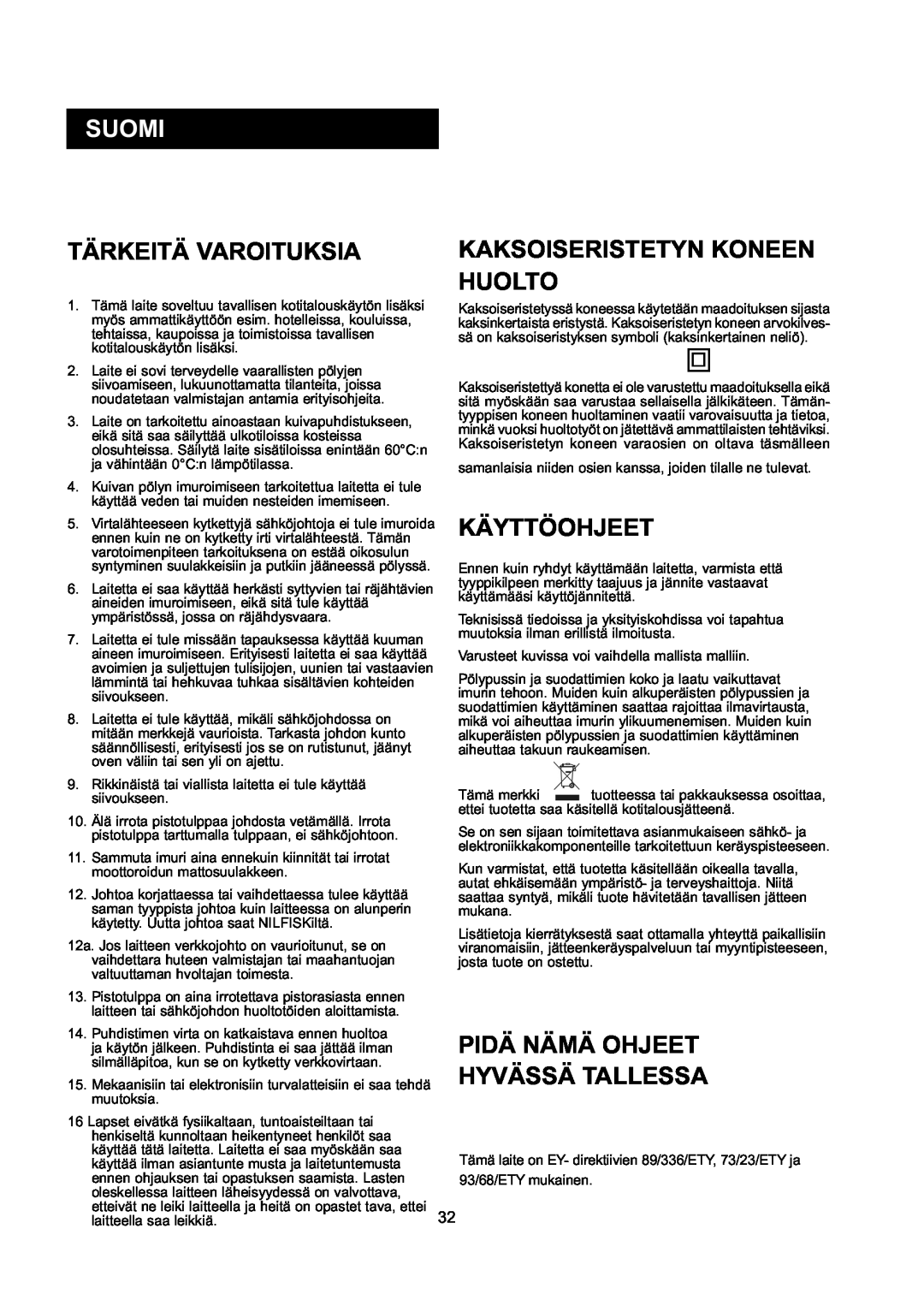 Nilfisk-ALTO GD 10 Back, GD 5 Back manual Suomi, Tärkeitä Varoituksia, Kaksoiseristetyn Koneen Huolto, Käyttöohjeet 