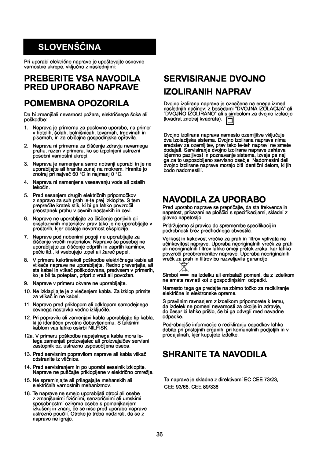 Nilfisk-ALTO GD 10 Back Slovenščina, Preberite Vsa Navodila Pred Uporabo Naprave, Pomembna Opozorila, Navodila Za Uporabo 