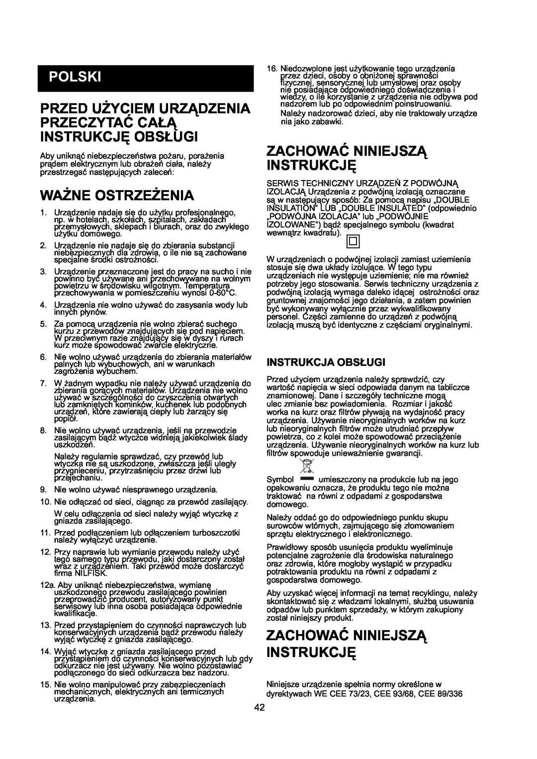 Nilfisk-ALTO GD 10 Back, GD 5 Back manual Polski, Ważne Ostrzeżenia, Zachować Niniejszą Instrukcję 