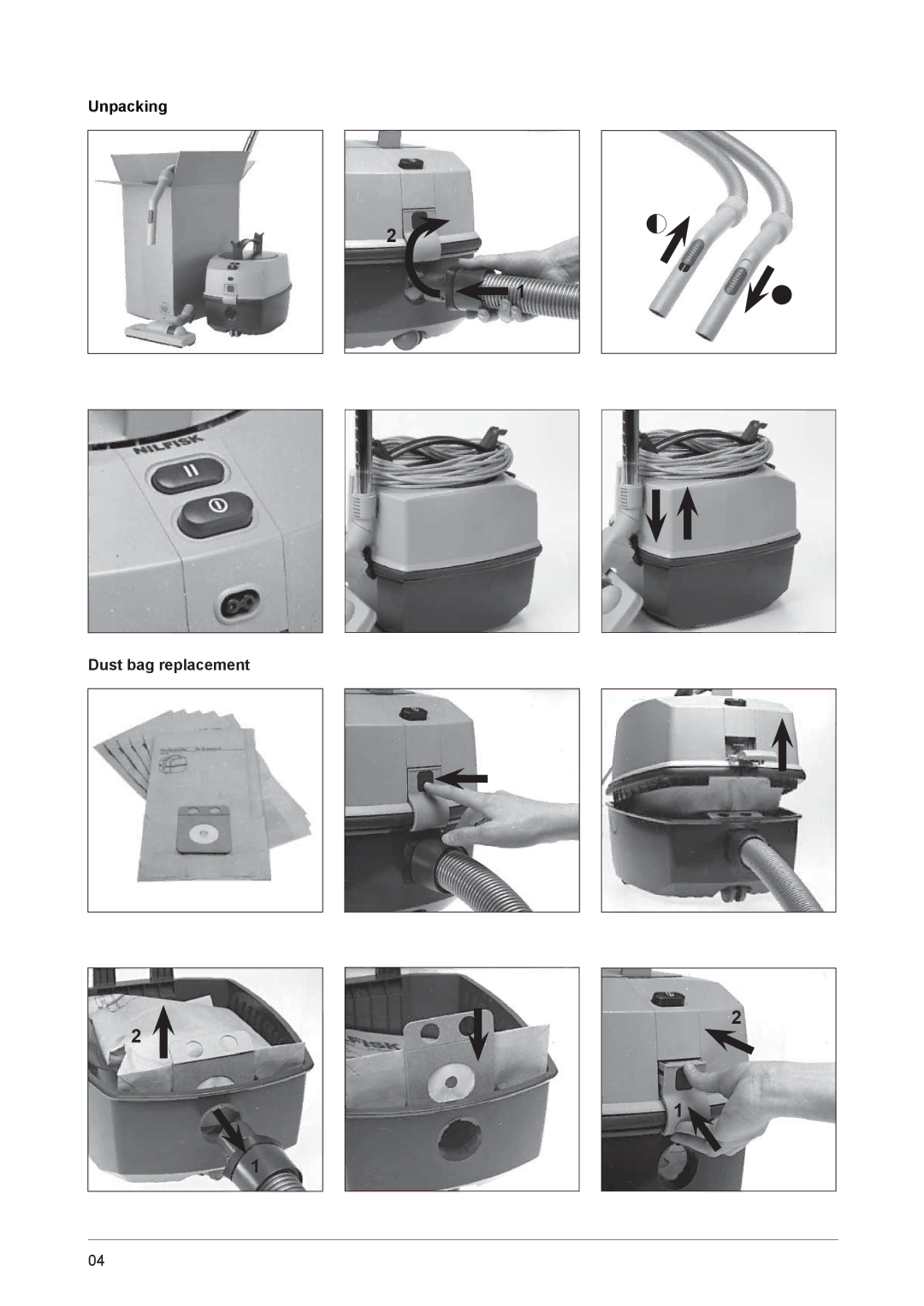 Nilfisk-ALTO GD 1000 operating instructions Dust bag replacement 