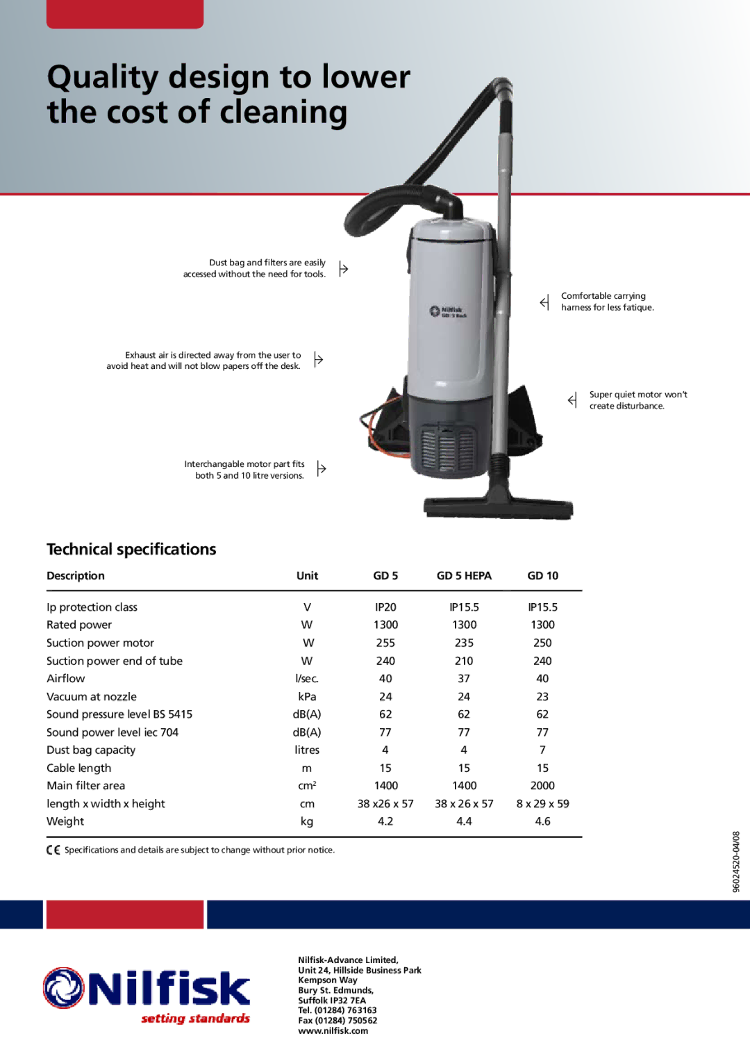 Nilfisk-ALTO GD 5/10 technical specifications Quality design to lower the cost of cleaning, Technical specifications 