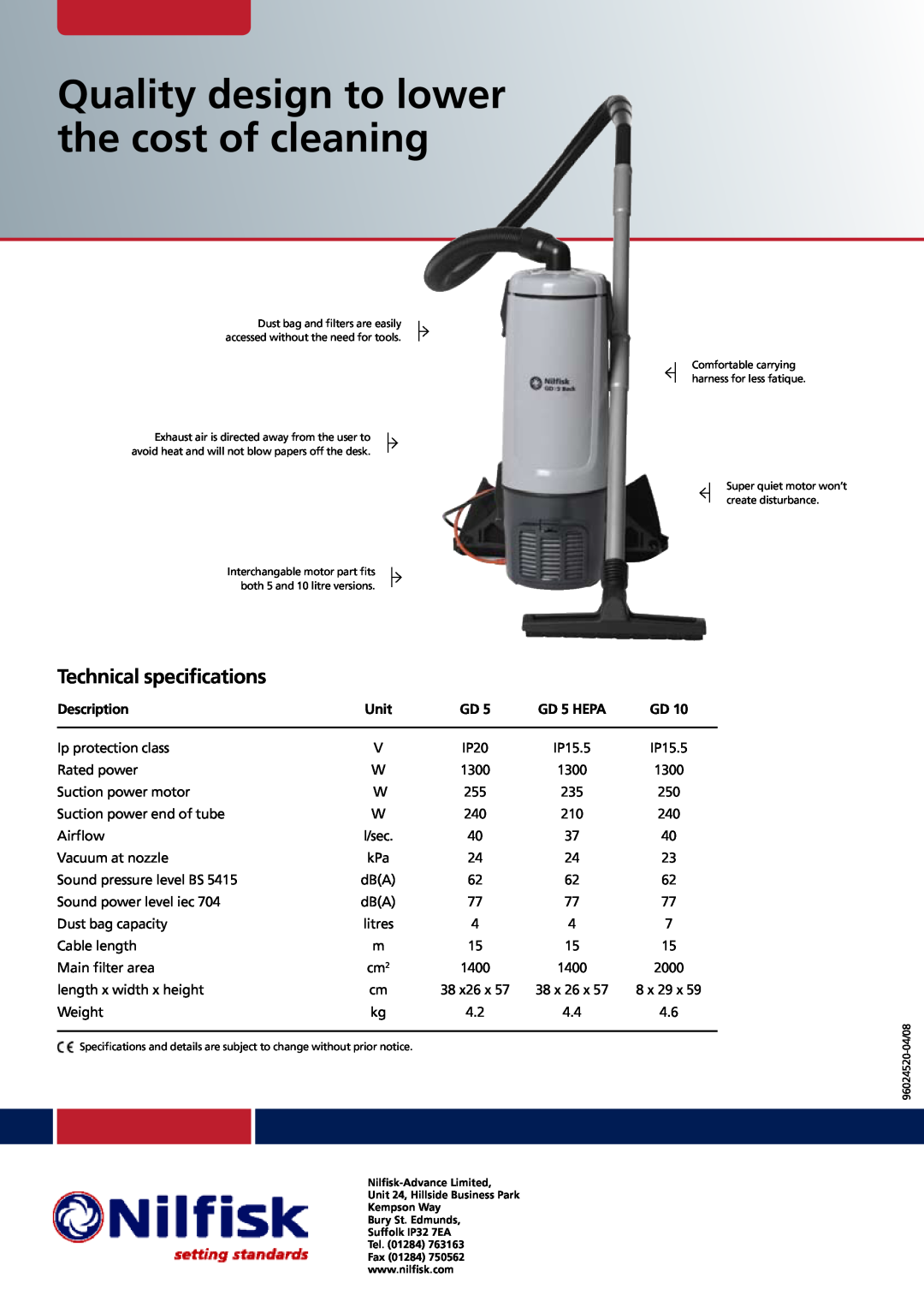 Nilfisk-ALTO GD 5/10 technical specifications Quality design to lower the cost of cleaning, Technical specifications, Unit 