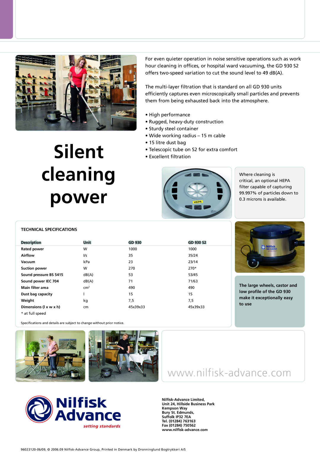 Nilfisk-ALTO GD 930S2 manual Silent Cleaning Power, Technical specifications 