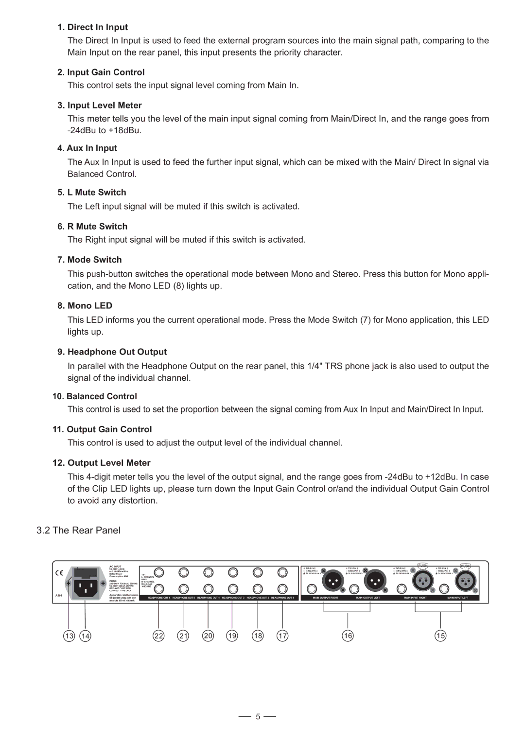 Nilfisk-ALTO HPA6 Direct In Input, Input Gain Control, Input Level Meter, Aux In Input, Mute Switch, Mode Switch, Mono LED 