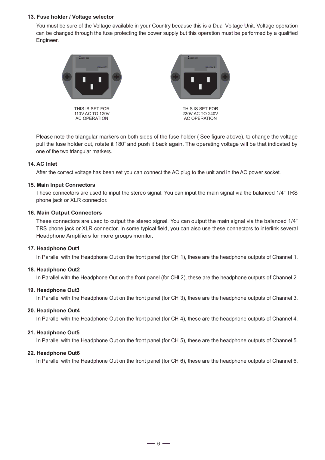 Nilfisk-ALTO HPA6 Fuse holder / Voltage selector, AC Inlet, Main Input Connectors, Main Output Connectors, Headphone Out1 