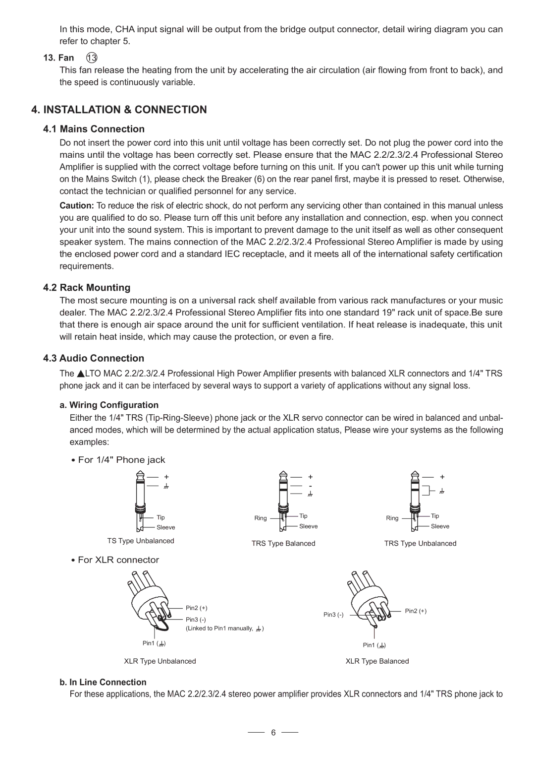 Nilfisk-ALTO MAC 2.3, MAC 2.4 user manual Installation & Connection, Mains Connection, Rack Mounting, Audio Connection 