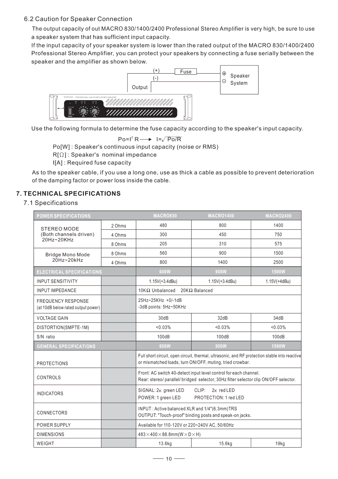 Nilfisk-ALTO MACRO 1400 Technical Specifications 7.1 Specifications, Power Specifications MACRO830 MACRO1400 MACRO2400 