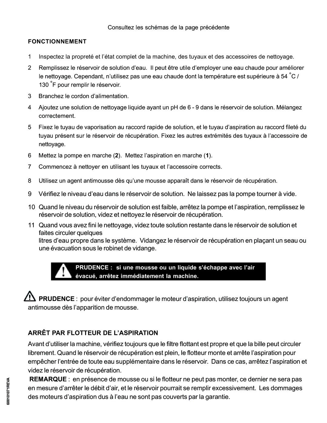 Nilfisk-ALTO MX 107 C operating instructions Arrêt PAR Flotteur DE L’ASPIRATION, Fonctionnement 