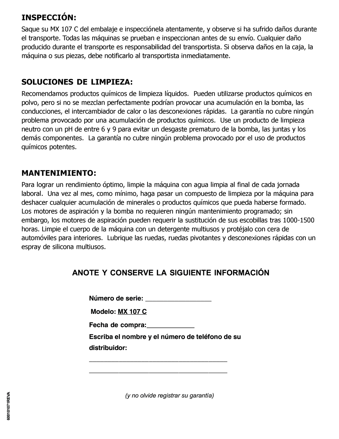 Nilfisk-ALTO MX 107 C operating instructions Inspección, Soluciones DE Limpieza, Mantenimiento 