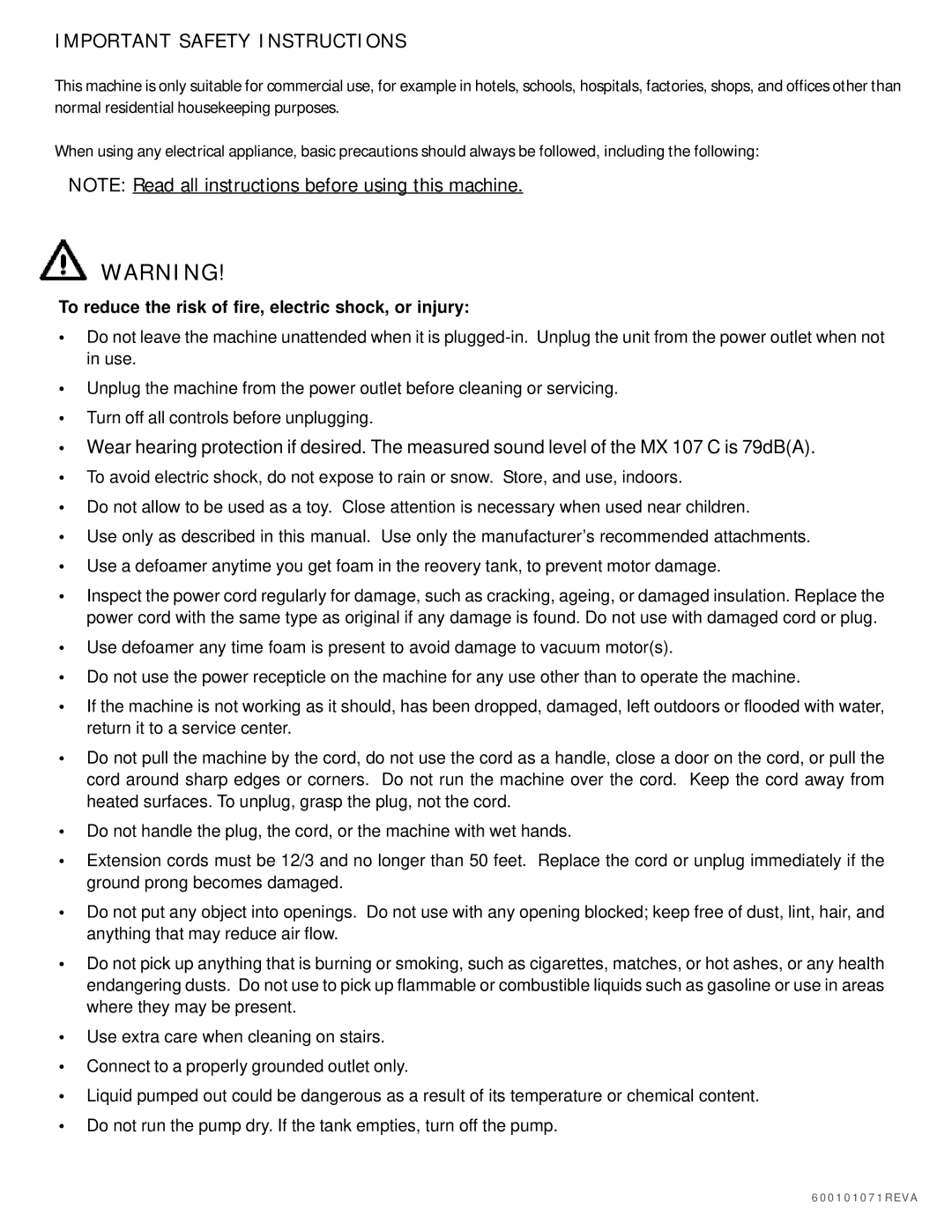 Nilfisk-ALTO MX 107 C Important Safety Instructions, To reduce the risk of fire, electric shock, or injury 