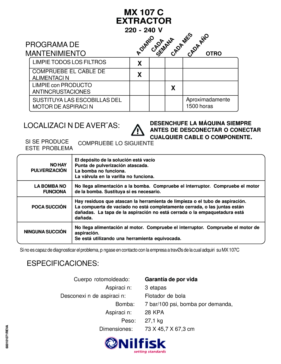 Nilfisk-ALTO MX 107 C operating instructions Extractor, SI SE Produce, Compruebe LO Siguiente, Este Problema 