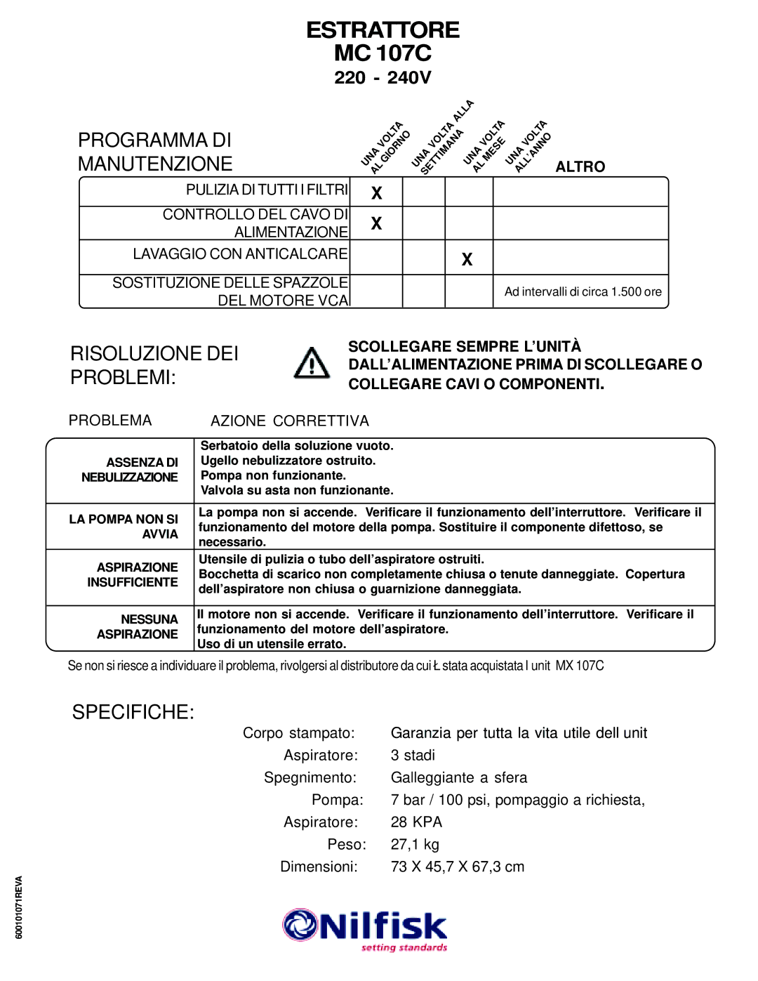 Nilfisk-ALTO MX 107 C operating instructions Estrattore, Problema Azione Correttiva, Altro 