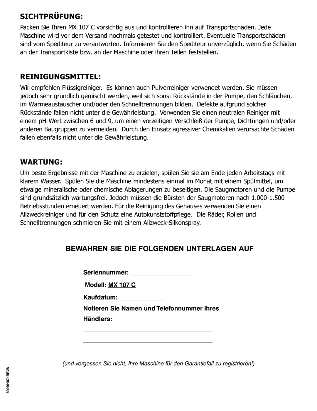 Nilfisk-ALTO MX 107 C operating instructions Sichtprüfung, Reinigungsmittel, Wartung 