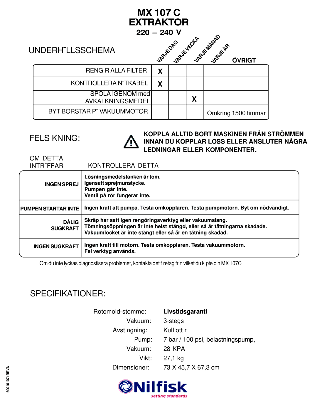 Nilfisk-ALTO MX 107 C operating instructions Extraktor, Rengör Alla Filter, Övrigt, OM Detta Inträffar, Kontrollera Detta 