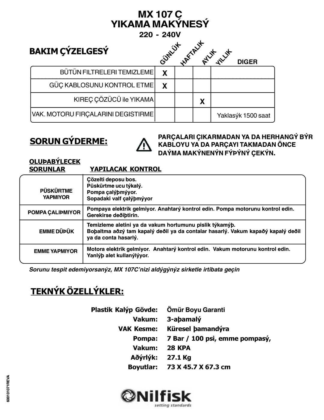 Nilfisk-ALTO MX 107 C operating instructions Yikama Makýnesý 