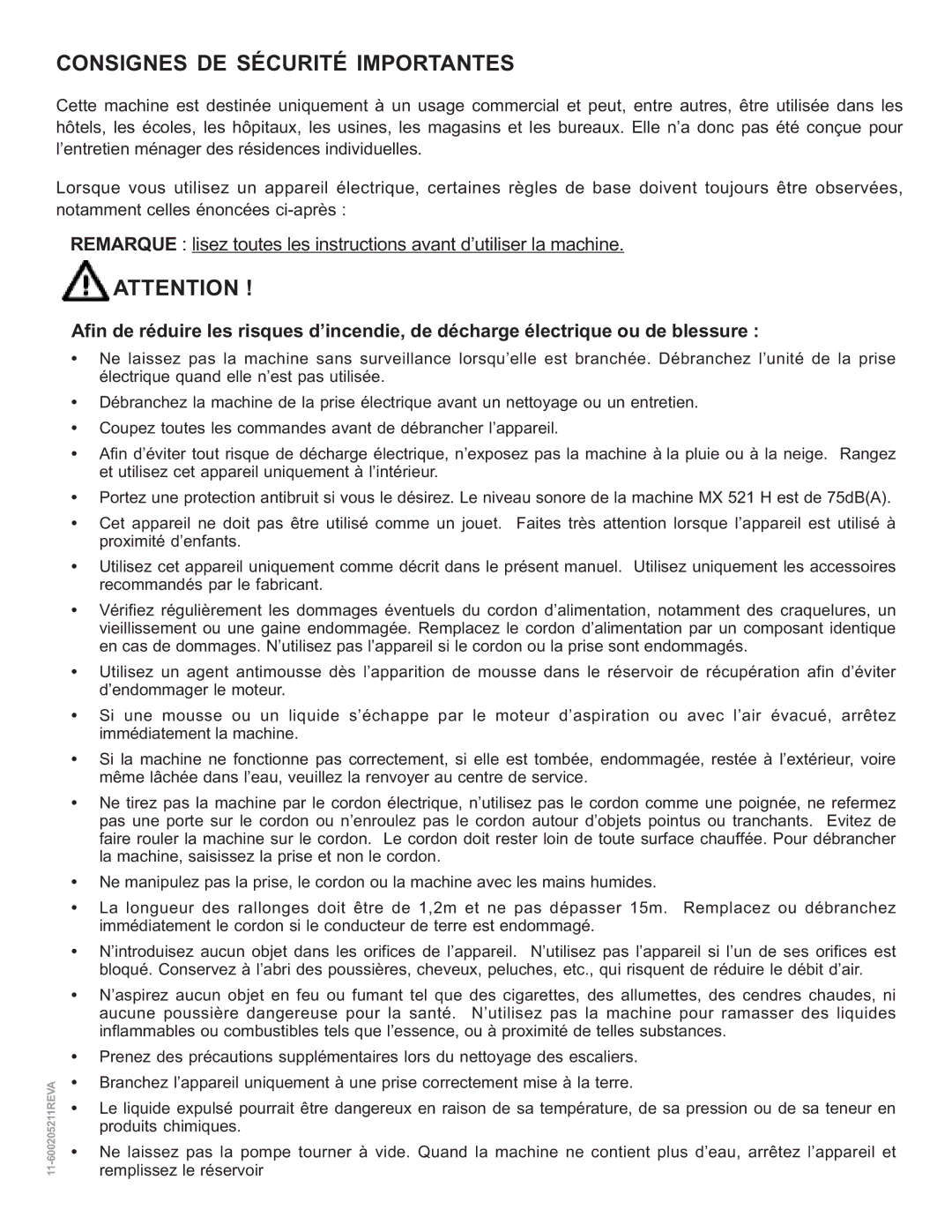 Nilfisk-ALTO MX 521 H manual Consignes DE Sécurité Importantes 