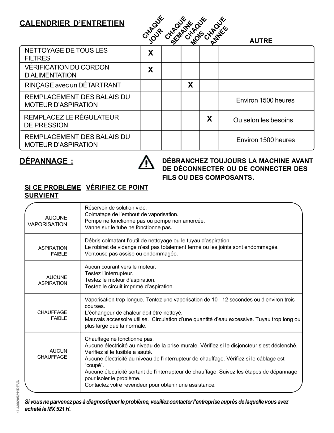 Nilfisk-ALTO MX 521 H manual Calendrier D’ENTRETIEN 