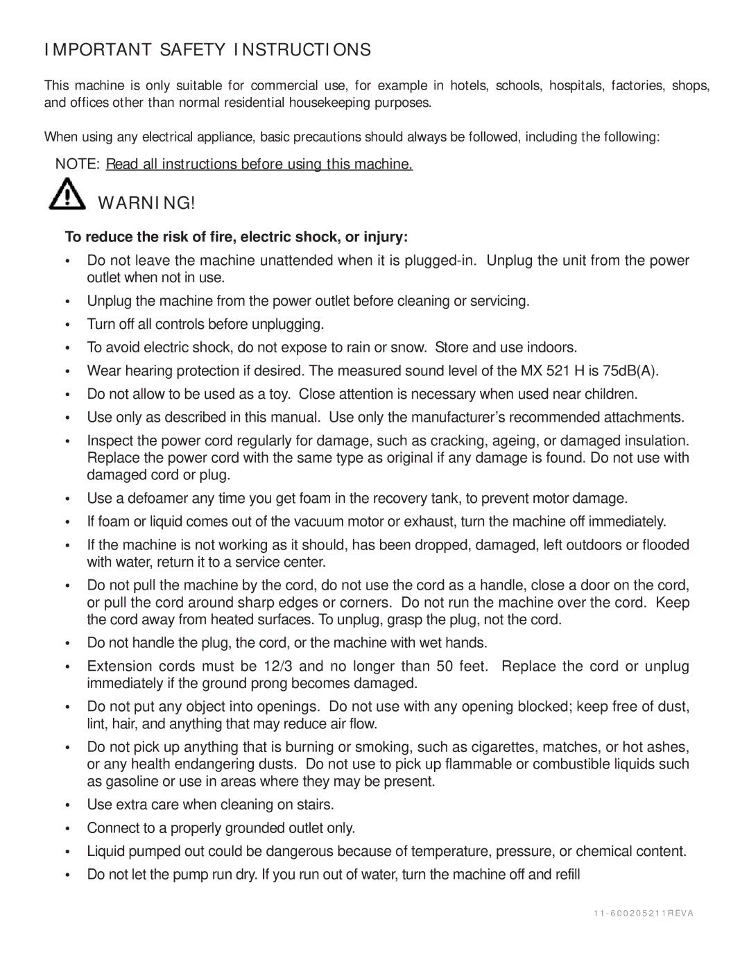 Nilfisk-ALTO MX 521 H manual Important Safety Instructions 