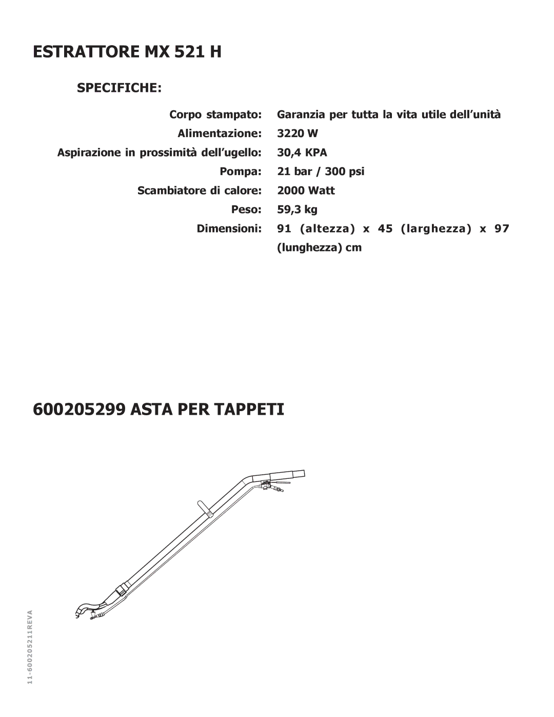 Nilfisk-ALTO manual Estrattore MX 521 H, Specifiche 