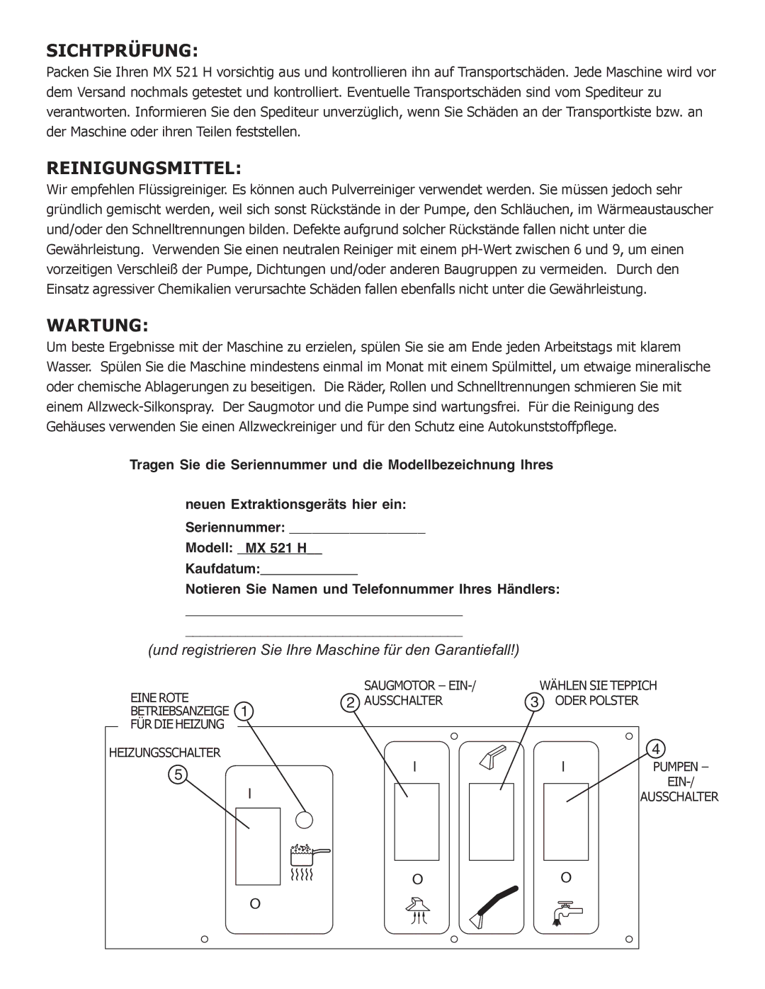 Nilfisk-ALTO MX 521 H manual Sichtprüfung, Reinigungsmittel, Wartung 