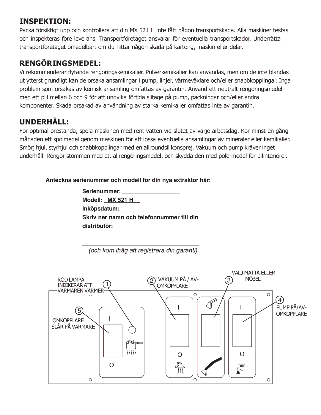 Nilfisk-ALTO MX 521 H manual Inspektion, Rengöringsmedel, Underhåll 