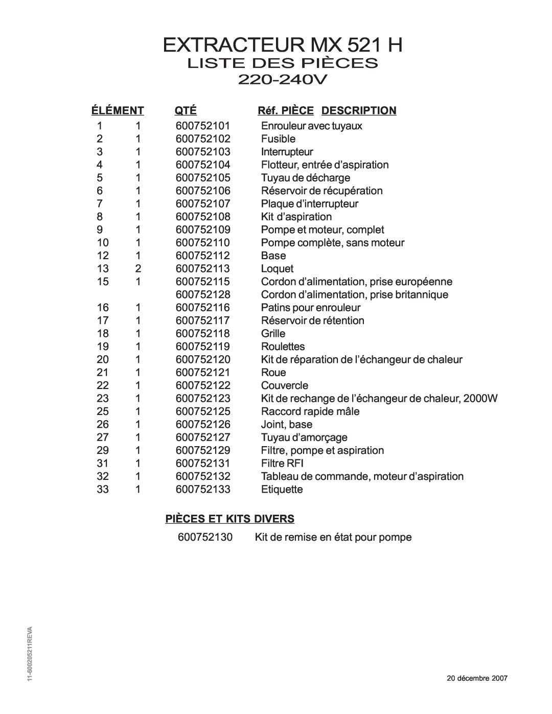 Nilfisk-ALTO manual EXTRACTEUR MX 521 H, Liste Des Pièces, Élément, Réf. PIÈCE DESCRIPTION, Pièces Et Kits Divers 