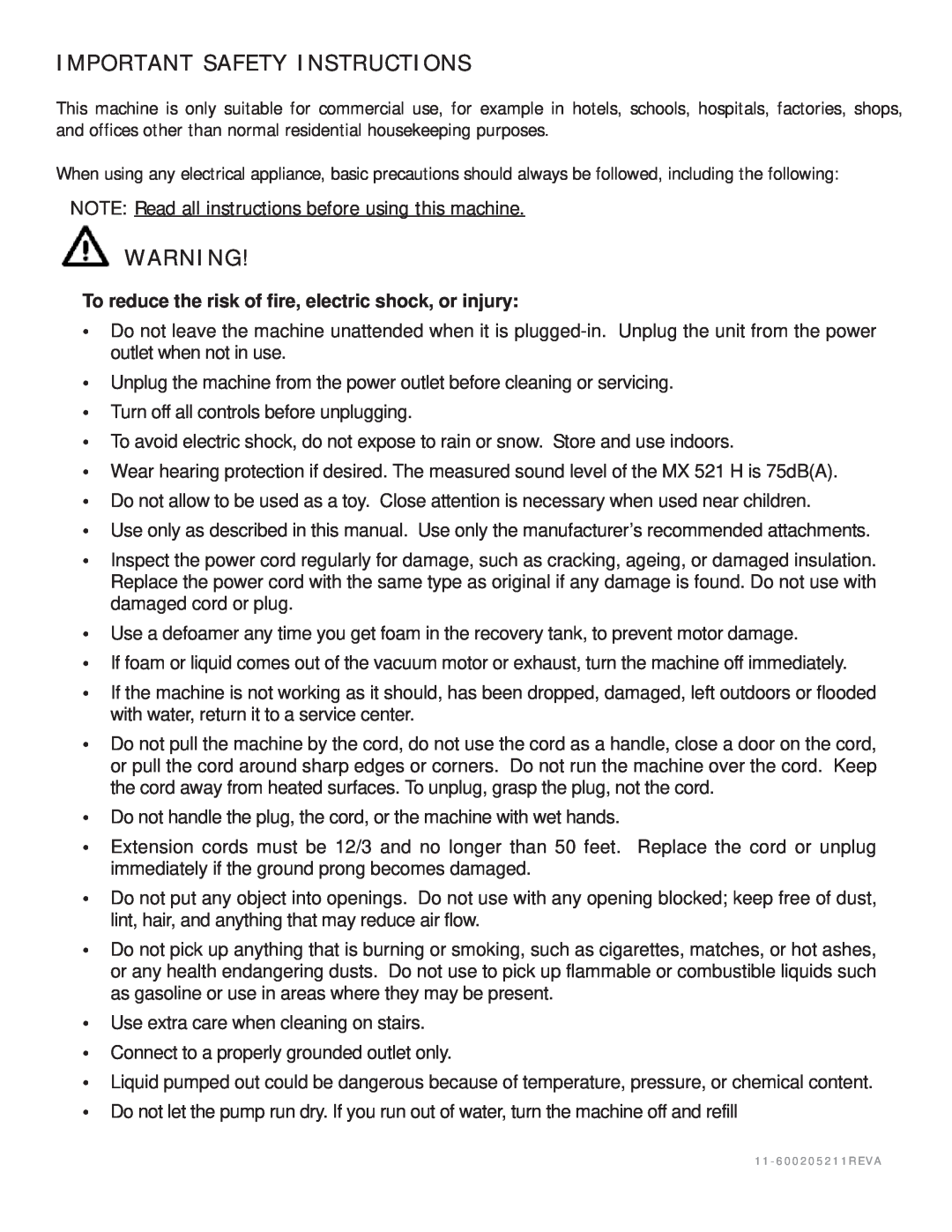 Nilfisk-ALTO MX 521 H manual Important Safety Instructions 