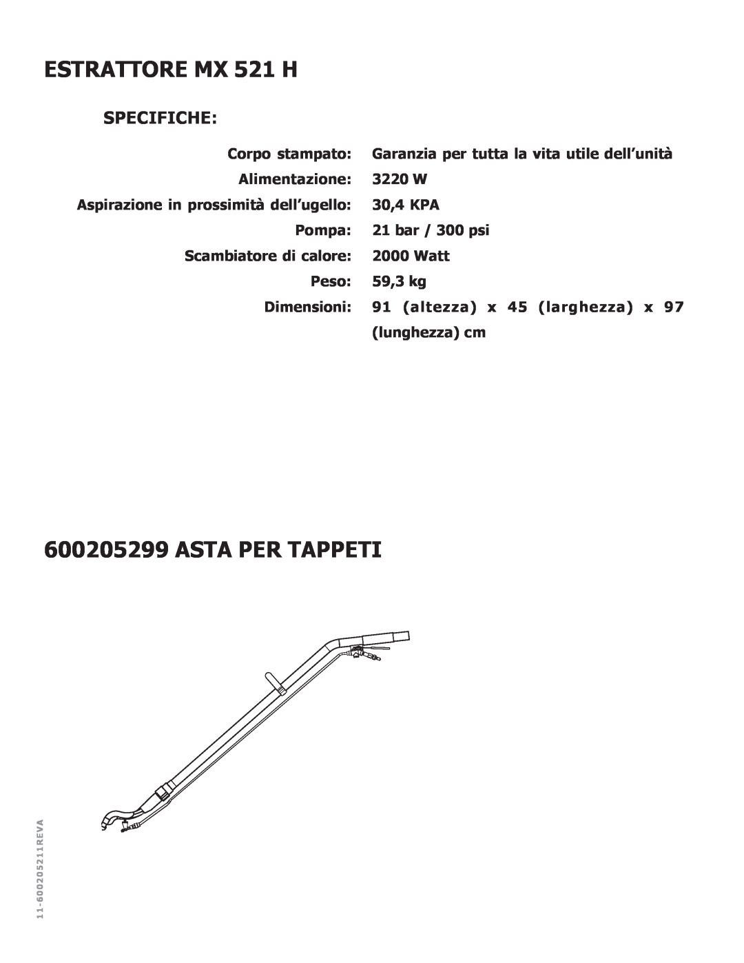 Nilfisk-ALTO manual ESTRATTORE MX 521 H, Asta Per Tappeti, Specifiche 