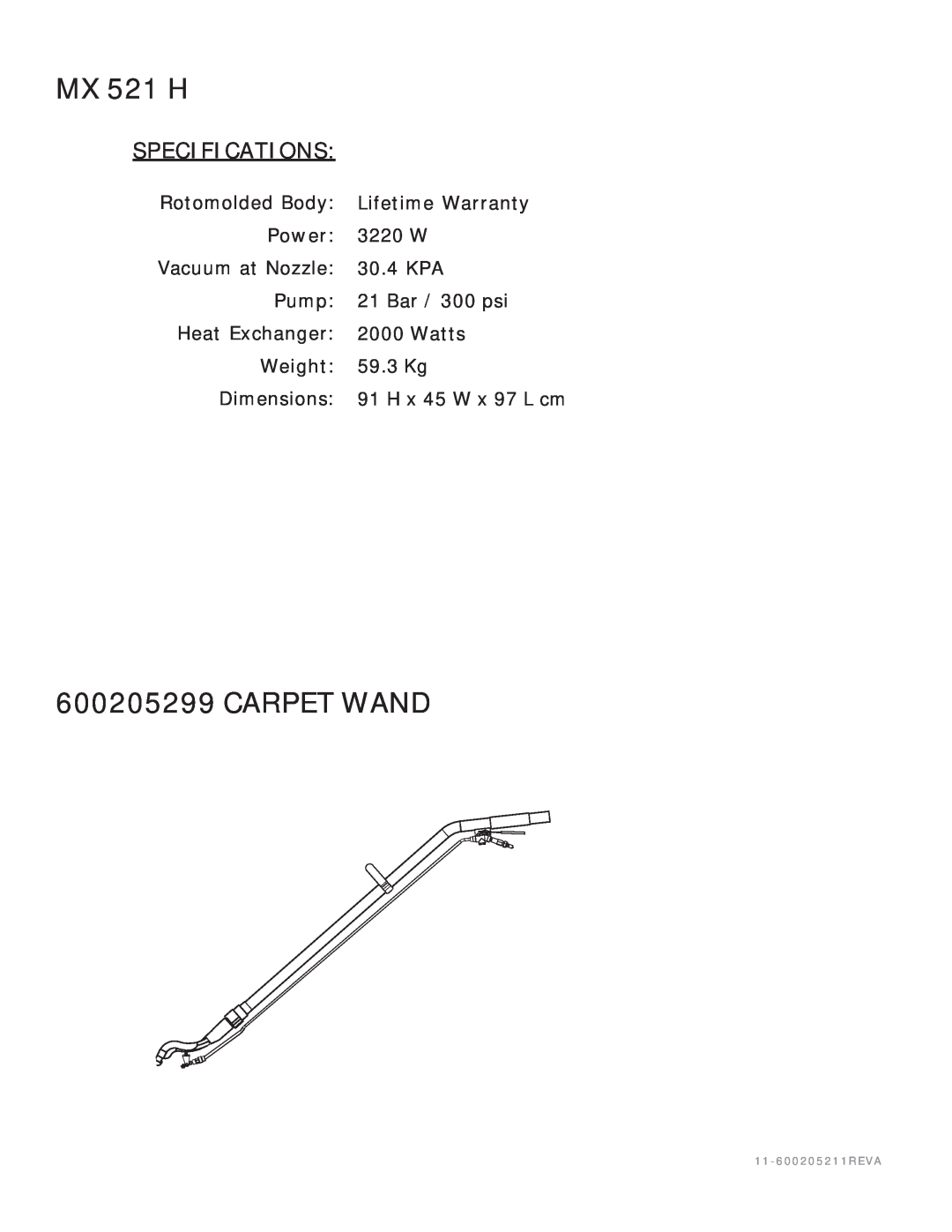 Nilfisk-ALTO MX 521 H manual Carpet Wand, Specifications 
