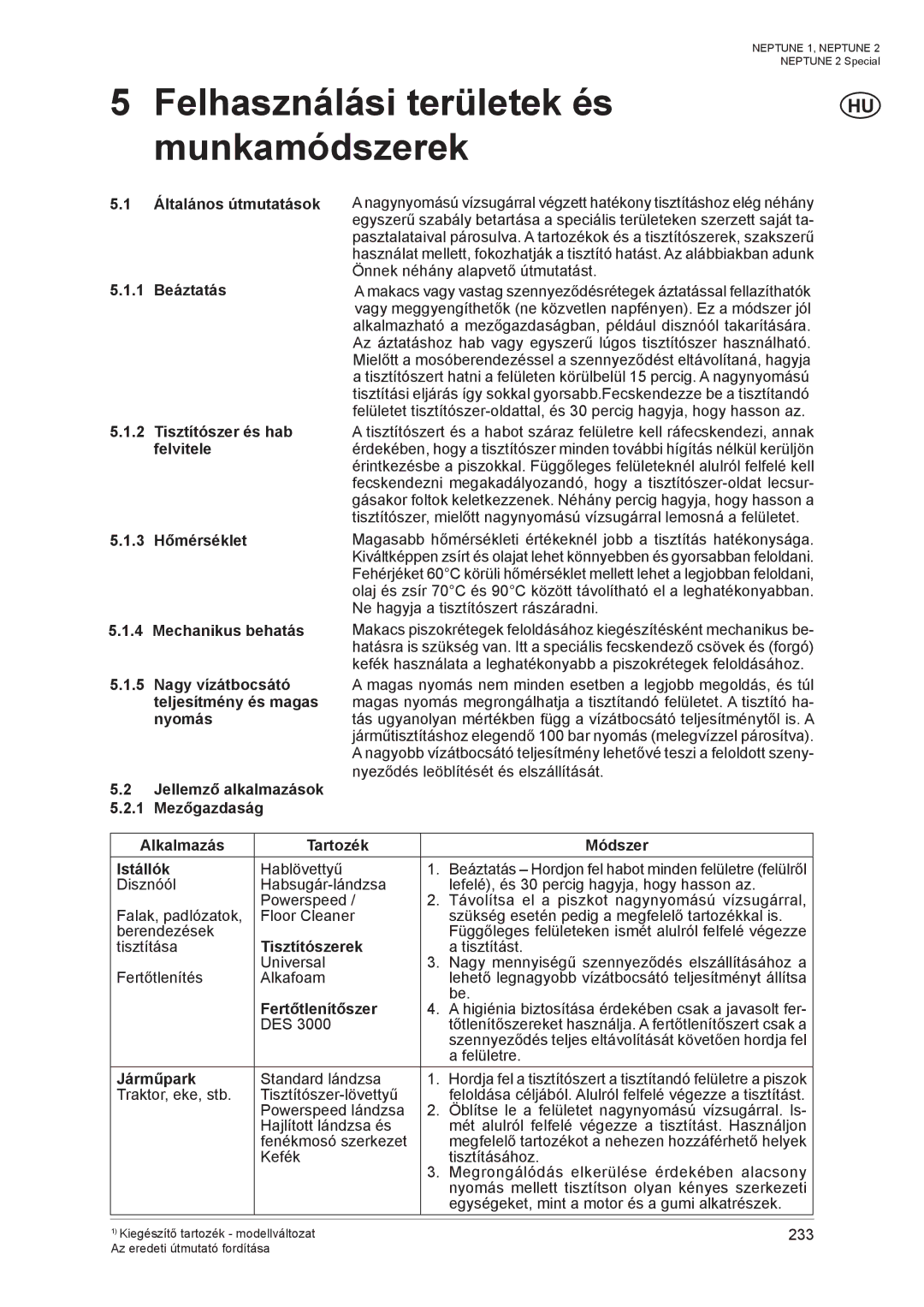 Nilfisk-ALTO NEPTUNE 1 manual Felhasználási területek és munkamódszerek 