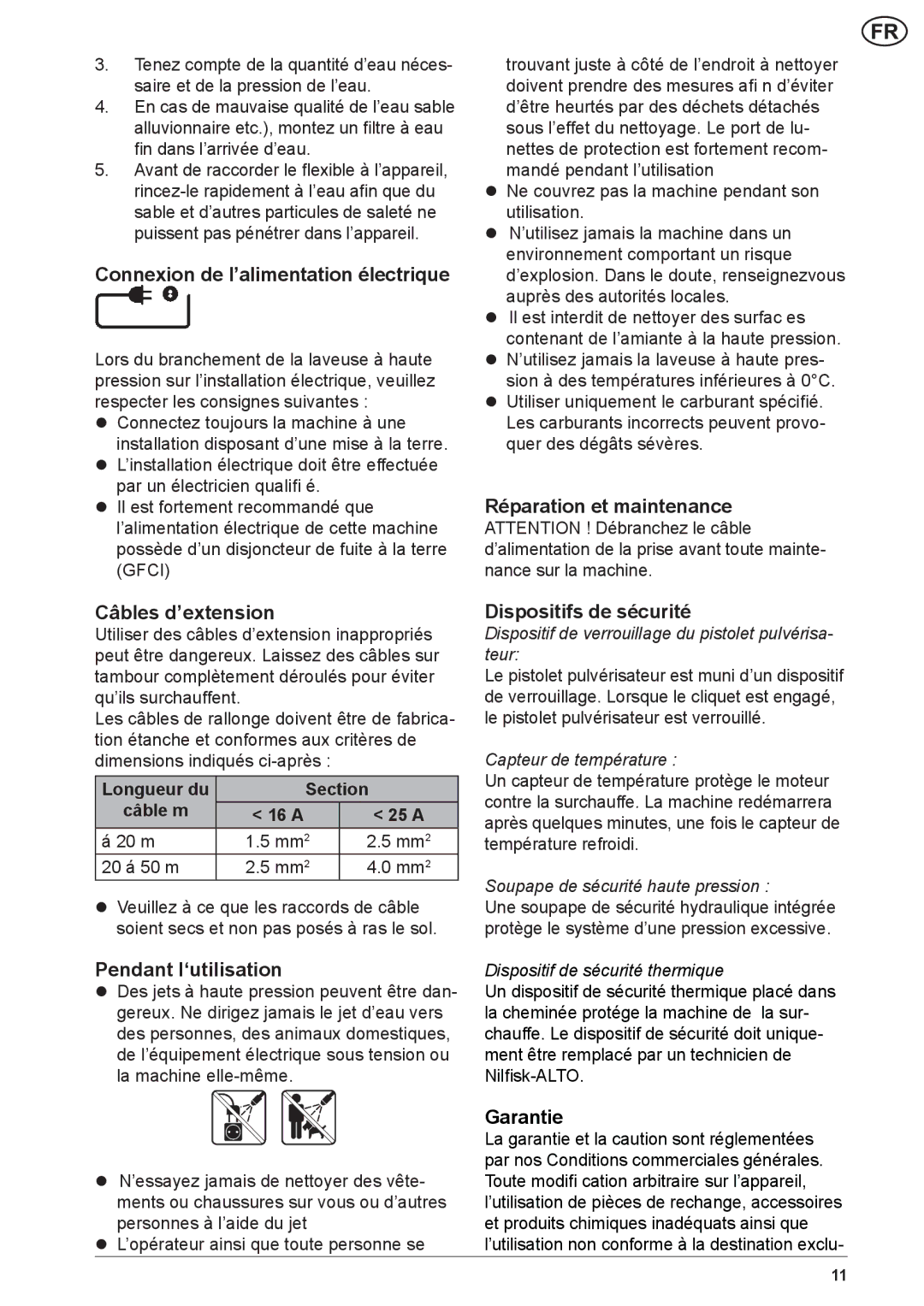 Nilfisk-ALTO NEPTUNE 2 Connexion de l’alimentation électrique, Réparation et maintenance Câbles d’extension, Garantie 