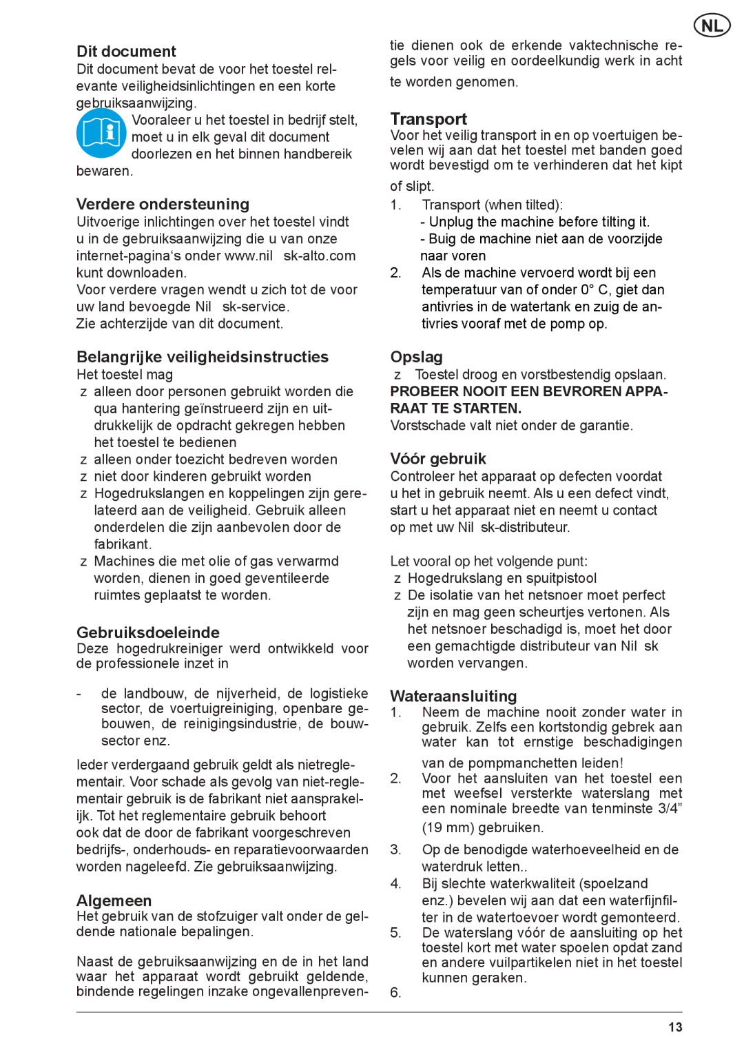 Nilfisk-ALTO NEPTUNE 2 Dit document, Verdere ondersteuning, Belangrijke veiligheidsinstructies, Gebruiksdoeleinde, Opslag 