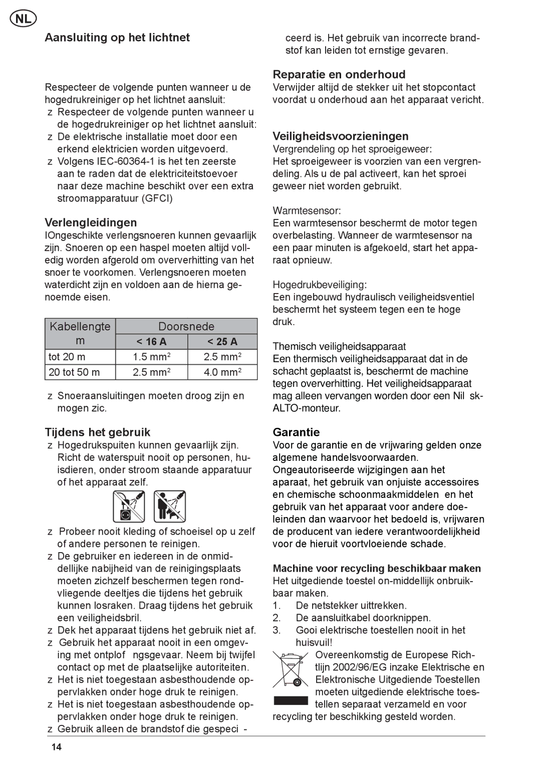 Nilfisk-ALTO NEPTUNE 2 Aansluiting op het lichtnet, Verlengleidingen, Reparatie en onderhoud, Veiligheidsvoorzieningen 