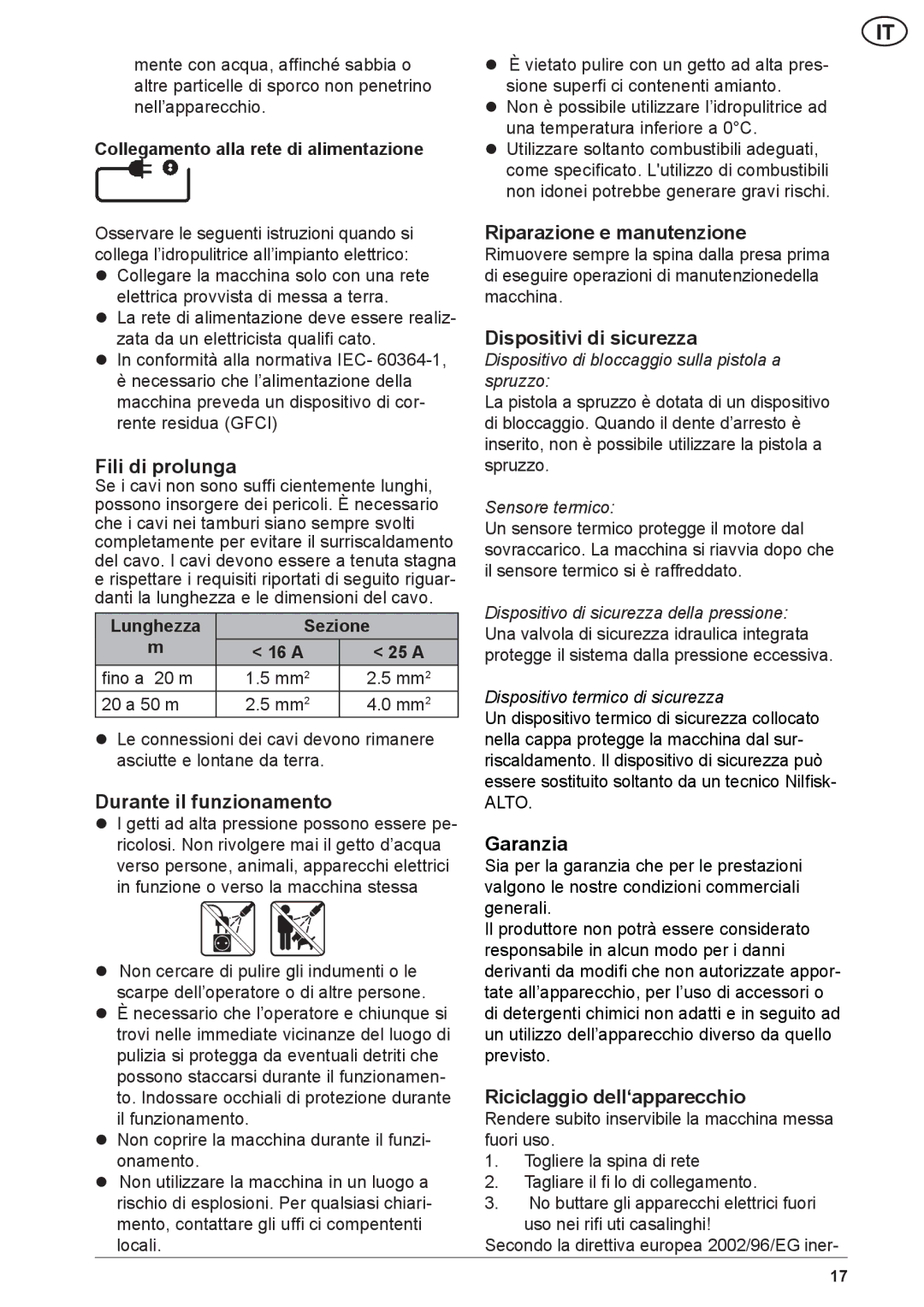 Nilfisk-ALTO NEPTUNE 2 Fili di prolunga, Durante il funzionamento, Riparazione e manutenzione, Dispositivi di sicurezza 