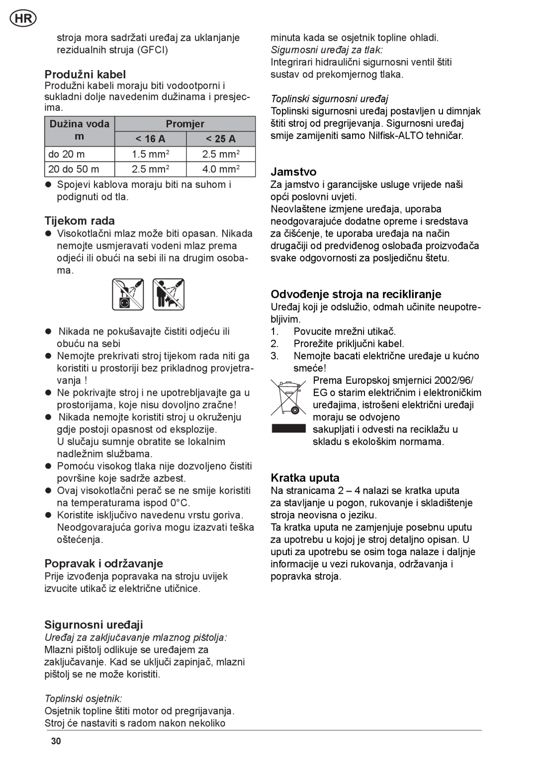 Nilfisk-ALTO NEPTUNE 2 quick start Produžni kabel, Tijekom rada, Popravak i održavanje, Sigurnosni uređaji 