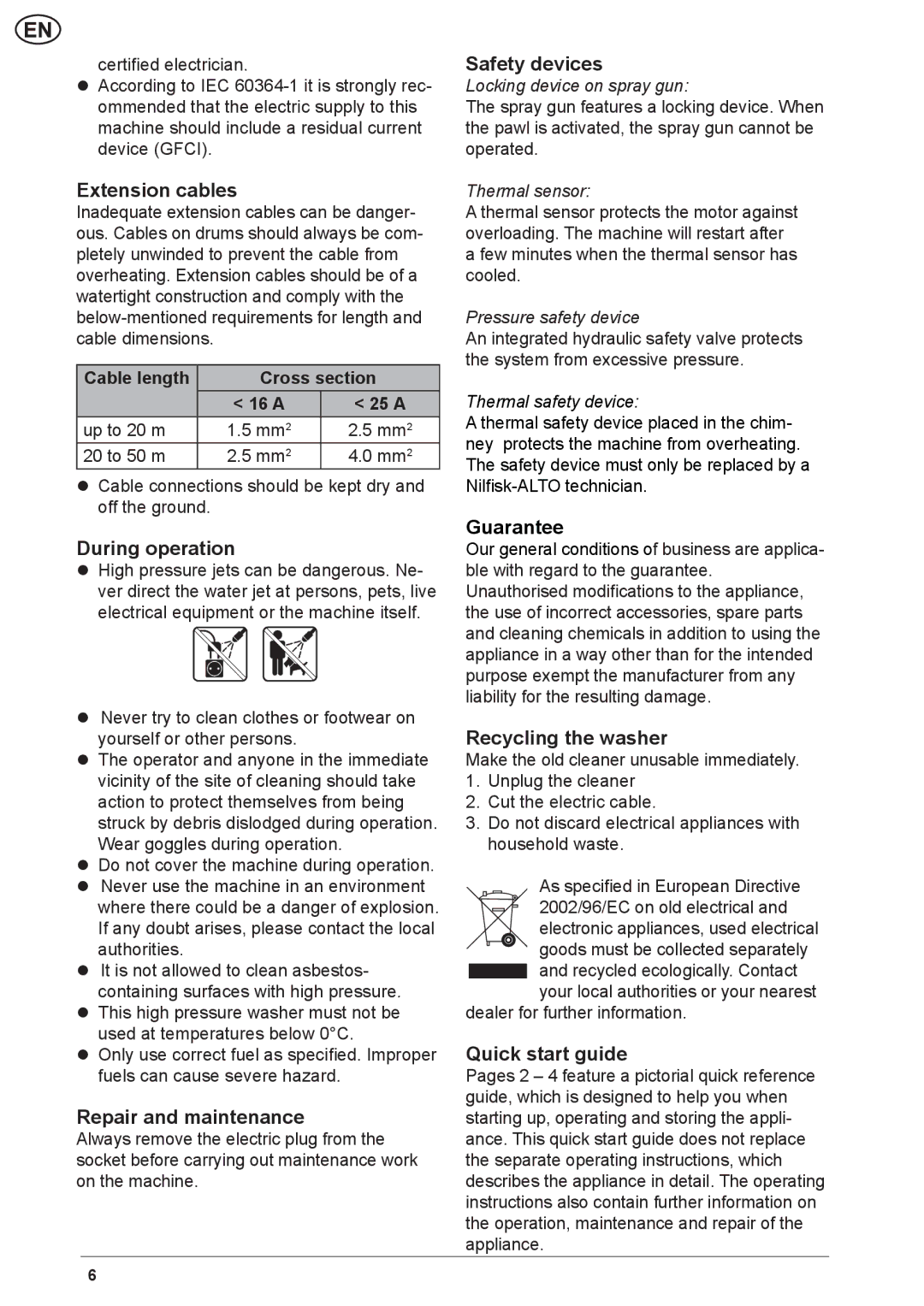 Nilfisk-ALTO NEPTUNE 2 Extension cables, During operation, Repair and maintenance, Safety devices, Recycling the washer 