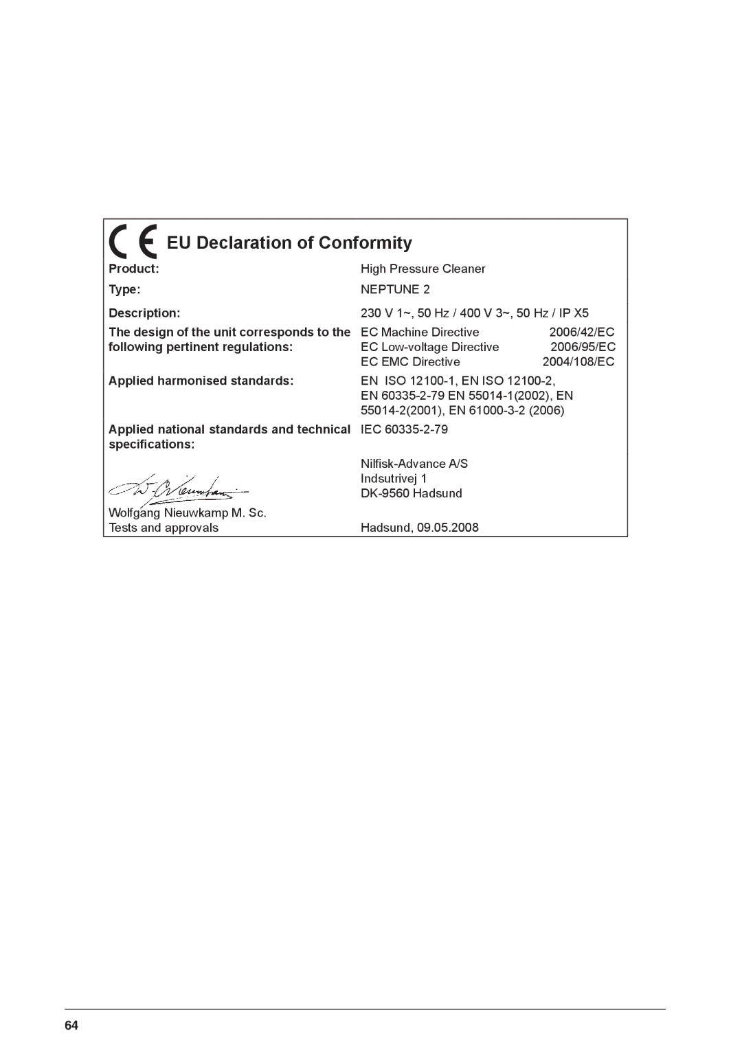 Nilfisk-ALTO NEPTUNE 2 quick start EU Declaration of Conformity, Speciﬁcations 